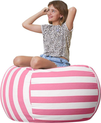 Aubliss Stuffed Animal Storage Bean Bag Chair Cover Only for Plush Toys, Blankets, X-Large 48"-Canvas Stripes Pink/White