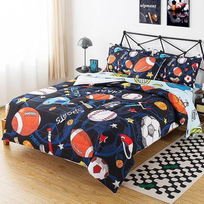 ADASMILE A & S Sports Comforter Set Twin for Boys Kids Bed in A Bag Comforter 6 Piece 3D Soccer Basketball Baseball Football Bedding Set for Kids Football Comforter with Sports Sheet Sets Home Decor