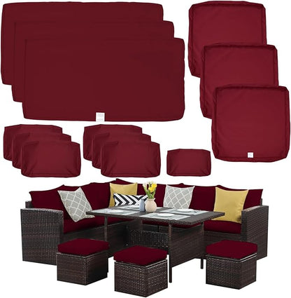 ClawsCover 13Pack Outdoor Seat and Back Cushions Replacement Covers Fit for 7Pieces Wicker Rattan Patio Furniture Set Sectional Couch with Dining Table and Ottoman,Burgundy-Include Cover Only