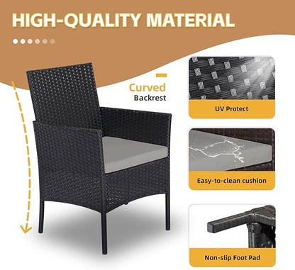 Patio Set 3 Piece Outdoor Rattan Porch Furniture with Tempered Glass Side Table & Cushion All Weather Conversation Bistro Set for Balcony,Deck,Porch (Brown/Beige)