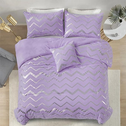 Purple/Silver Comforter Set King, Lavender Metallic Print Glitter Bedding Set Cute Shinny Lilac Bed Sets for Teen Girls Kids Women, 4 Piece (2 Pillowcases, 1 Decorative Pillow Sham)