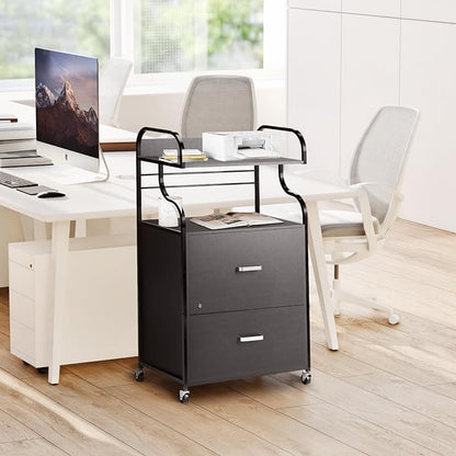Vertical File Cabinet, 2 Drawer Mobile Filing Cabinet with 1 Bookshelf, Printer Stand with Open Storage Shelves Fits A4/Letter/Legal Size File Cabinets for Home Office Organizer, Black