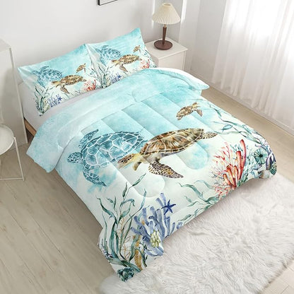CVHOUSE Sea Turtle Comforter Set,Ocean Watercolor Sea Turtle Bedding Set for Kids Teens,Ocean Sea Turtle Comforter Sea Turtle Duvet Set Room Decor Quilt Set Twin Size