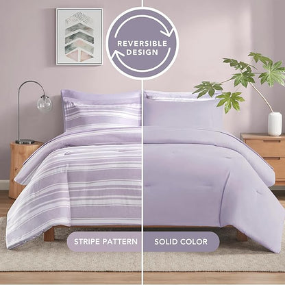 Codi Bed in a Bag Twin Size Complete Set, Lavender Purple Striped Single Comforter Set 5 Piece for Teen, Modern Neutral Cationic Dyeing Bed Sets with Comforter, Sheets, Pillowcases & Shams