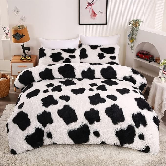 Faux Fur Kids Girls Cow Print Comforter Sets King - 3PC Bed Set Warm Comfortable Soft Plush Flannel Velvet Fluffy Fuzzy Bedding（Comforter x 1 Pillowcases x 2）