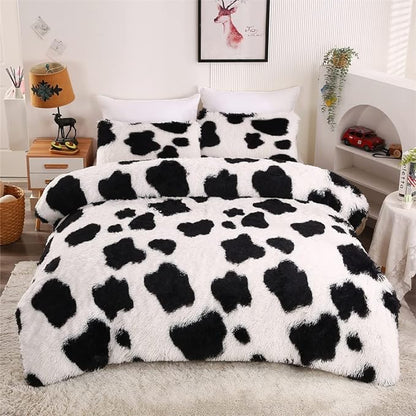 Faux Fur Kids Girls Cow Print Comforter Sets Queen - 3PC Bed Set Warm Comfortable Soft Plush Flannel Velvet Fluffy Fuzzy Bedding（Comforter x 1 Pillowcases x 2）