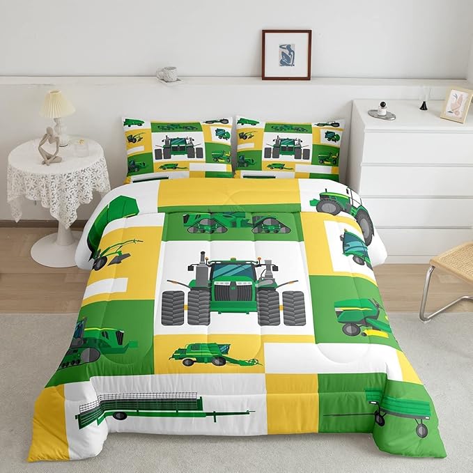 Boys Tractor Comforter Set King Kids Equipment Trucks Bedding Sets For Teens Bedroom Under Construction Quilt Set Excavator Vehicle Car Bedding Farmhouse Harvester Quilted Comforter,Green Yellow