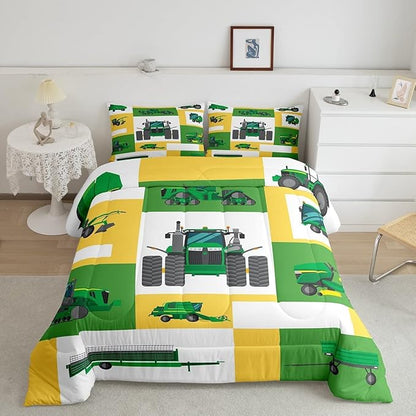 Boys Tractor Comforter Set King Kids Equipment Trucks Bedding Sets For Teens Bedroom Under Construction Quilt Set Excavator Vehicle Car Bedding Farmhouse Harvester Quilted Comforter,Green Yellow