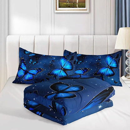 Datura home Blue Butterfly Comforter Set for Girls Women,Bright Blue Butterflies in Blue Sky with Stars Printed Bedding Set with 2 Pillowcases(Butterfly Blue Twin)