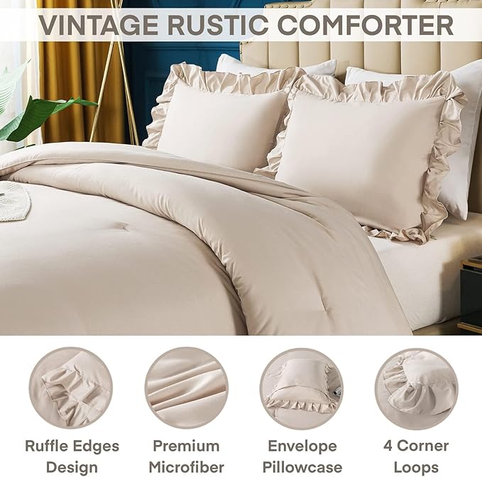 Andency California King Comforter Set Khaki (104x96Inch), 3 Pieces Cal King Ruffle Comforter, Oversized Farmhouse Shabby Chic Bed Comforter, Lighteweight and Soft Microfiber Bedding Set