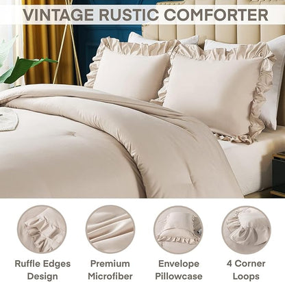 Andency California King Comforter Set Khaki (104x96Inch), 3 Pieces Cal King Ruffle Comforter, Oversized Farmhouse Shabby Chic Bed Comforter, Lighteweight and Soft Microfiber Bedding Set