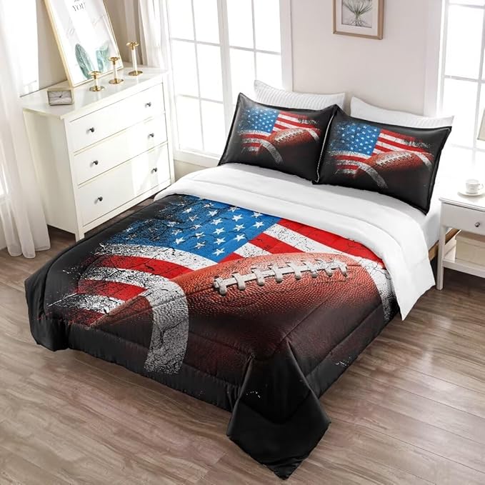 American Football Comforter Set for Boys Teens,Kids Sports Bedding Set Queen Size,USA Flag Football Printed Bedroom Sets with 2 Matching Pillow Shams