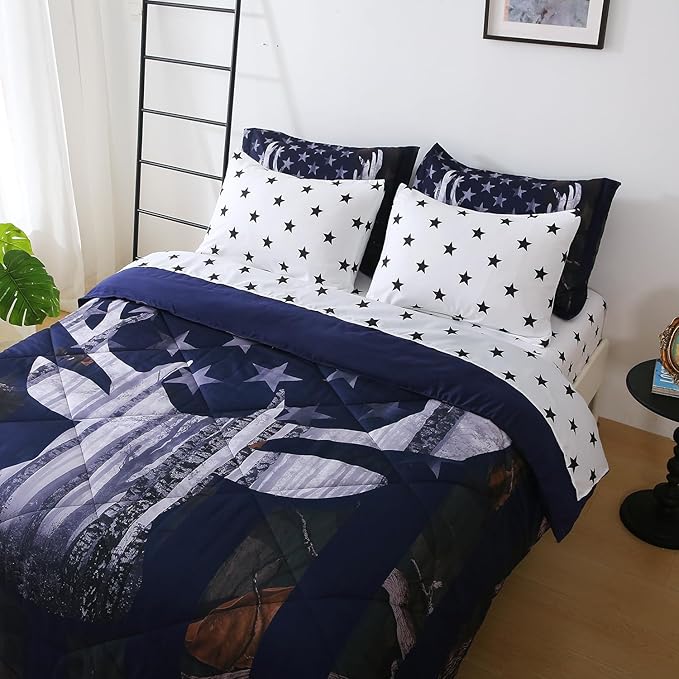 Camo Deer Comforter Set Twin Size 7 Piece Bed in A Bag Camouflage American Flag Bedding Set for Boys Kids Teens Men Super Soft All Season