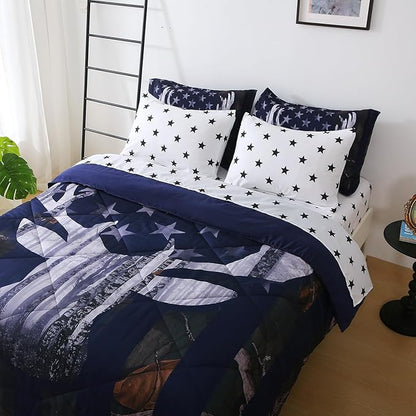 Camo Deer Comforter Set Twin Size 7 Piece Bed in A Bag Camouflage American Flag Bedding Set for Boys Kids Teens Men Super Soft All Season