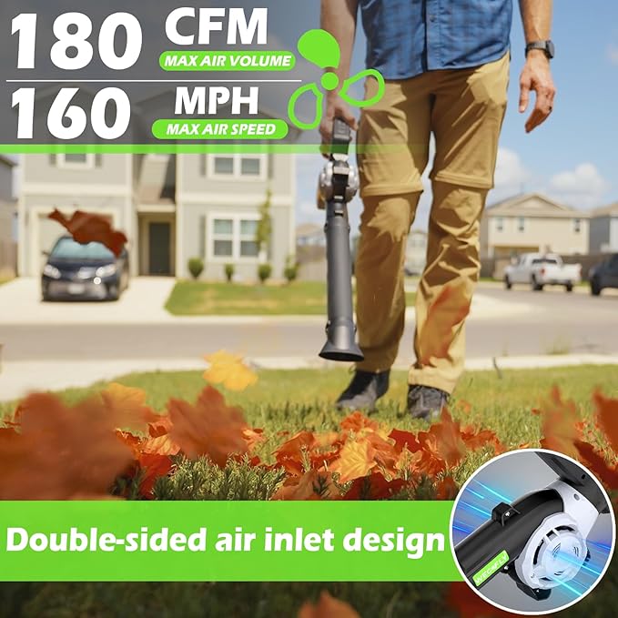 Cordless Leaf Blower, 2 x 21V 4.0Ah Battery and Charger, 3 Speed Mode, 160 MPH 180CFM Lightweight Battery Powered Leaf Blower for Lawn Care, Patio, Yard, Sidewalk,Snow Blowing