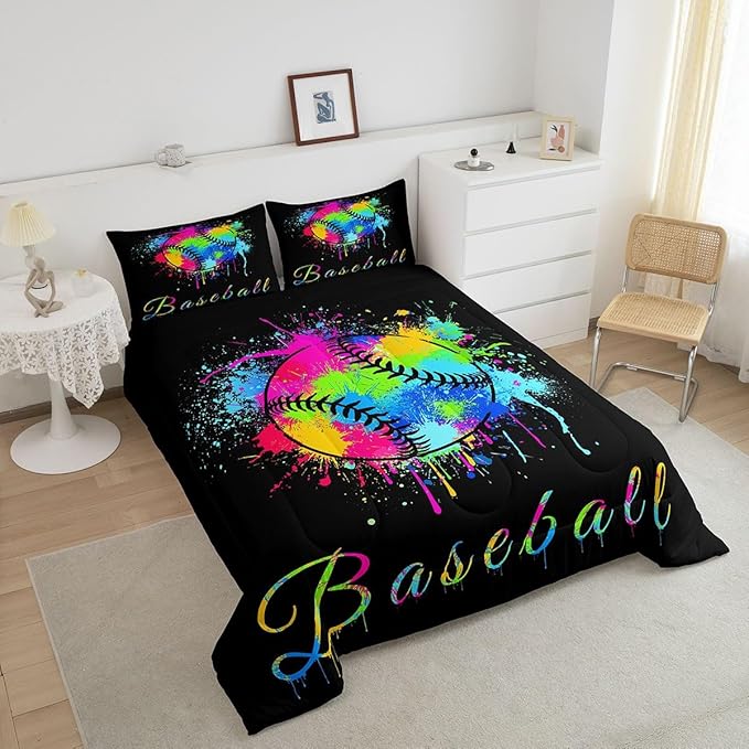 Feelyou Kids Baseball Comforter Set Queen Size Sports Game Bedding Set for Boys Girls Teens Bedroom Decor Baseball Gaming Comforter Women Men Tie Dye Duvet Set with 2 Pillow Case