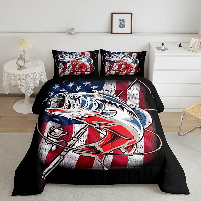 American Flag Comforter Set Farmhouse Fishing Bedding Set for Kids Boys Girls Teens Room Wild Fish Decor Comforter Red Blue Stripe Quilted Set 2Pcs Twin Size