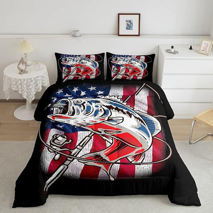 American Flag Comforter Set Farmhouse Fishing Bedding Set for Kids Boys Girls Teens Room Wild Fish Decor Comforter Red Blue Stripe Quilted Set 2Pcs Twin Size