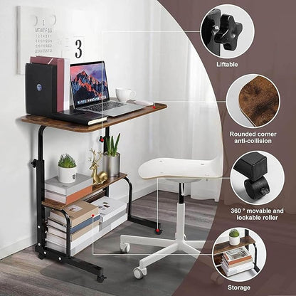 Adjustable Home Office Computer Desk Writing Desk with Storage Shelves Simple Style Workstation for Home Office Small Spaces Storage Table with Wheels Mobile Convenient Brownish, XY-1