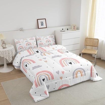 Rainbow Full Bedding Sets For Girls, Kawaii Cloud Comforter Set 3 Pieces With 2 Pillow Cases, Pink Love Heart Down Comforter For Kids Boys Women Adult, Hand Drawn Cartoon Rainbow Duvet Insert