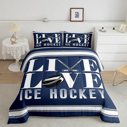 Ice Hockey Bedding Set Full Size Ice Sports Games Comforter Set for Kids Boys Girls Decor Hockey Player Comforter Microfiber Puck Hockey Duvet Set Bedroom Quilt Set