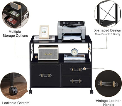 VECELO Fabric Lateral Filing Cabinet Rolling Printer Fits Letter Size, 3 Drawers Mobile Stand with Open Storage Shelf,for Home Office,Vintage Black