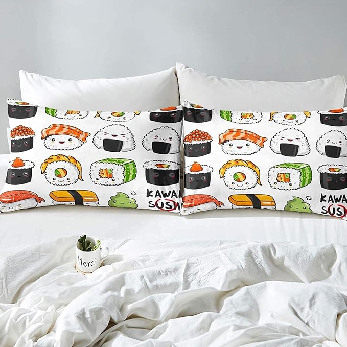 Erosebridal Sushi Pattern Comforter Set Full, Japanese Style Down Comforter, Food Theme Quilted Duvet for Kids Boys Girls Teens, Cute Cartoon Japanese Sushi Quilt Set Room Decorative