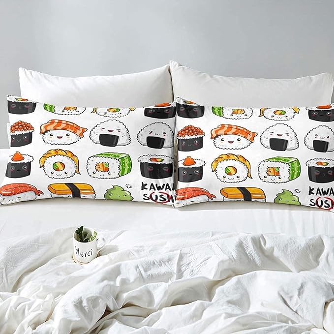 Erosebridal Kawaii Sushi Pattern Comforter Set Twin, Japanese Style Down Comforter, Food Theme Quilted Duvet for Kids Boys Girls Teens, Cute Cartoon Japanese Sushi Quilt Set Room Decorative