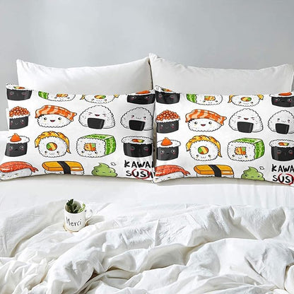 Erosebridal Kawaii Sushi Pattern Comforter Set Twin, Japanese Style Down Comforter, Food Theme Quilted Duvet for Kids Boys Girls Teens, Cute Cartoon Japanese Sushi Quilt Set Room Decorative