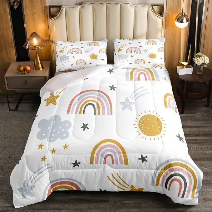 Erosebridal Girls Rainbow Bedding Set, Sun and Stars Comforter Set Queen Size for Kids Boys Children Cartoon Style Cloud Bedding Comforters Girly Soft Microfiber Duvet Insert for Bedroom Decor