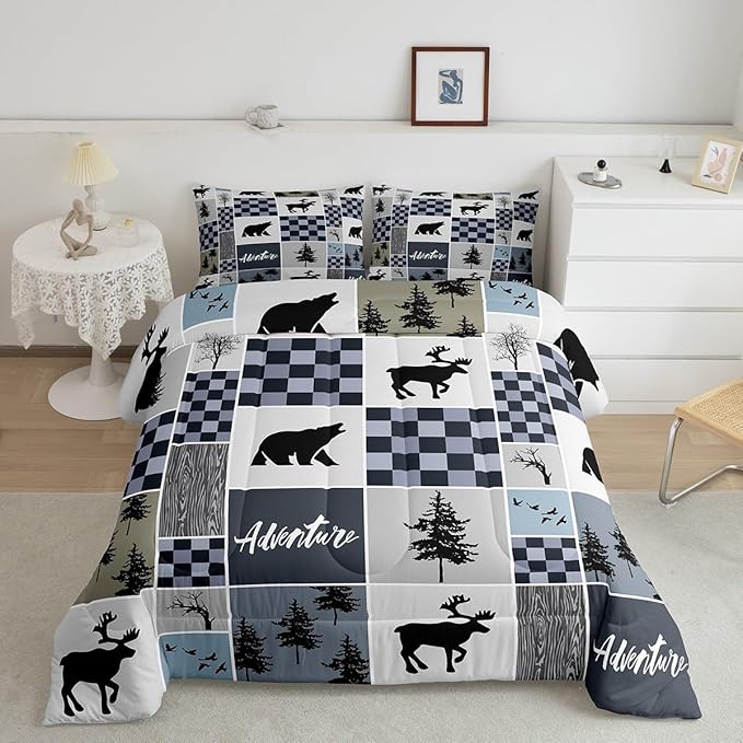 Deer Antler Comforter Set Twin Size,Bear Rustic Farmhouse Adventure Bedding Set for Kids Boys Girls Adults Room Decor,Pine Trees Plaid Patchwork Down Comforter,Blue Xmas Duvet Insert,1 Pillowcase