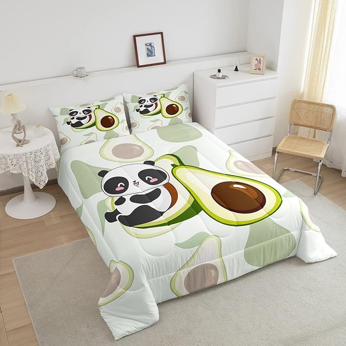 Erosebridal Panda Comforter Set Queen,Avocado Bedding Set Cute Black White Panda Bedding Bear Cat Bedding Comforter for Kids Boys Girls Green Tropical Fruit Quilt Duvet Set Room Decor 2 Pillow Cases