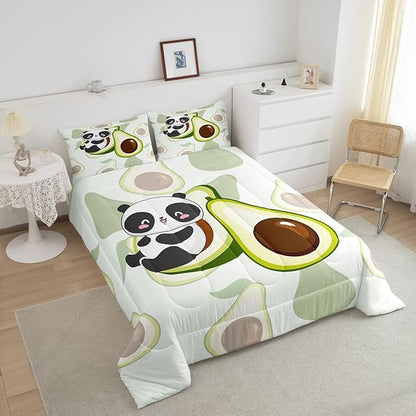 Erosebridal Panda Comforter Set King,Avocado Bedding Set Cute Black White Panda Bedding Bear Cat Bedding Comforter for Kids Boys Girls Green Tropical Fruit Quilt Duvet Set Room Decor 2 Pillow Cases