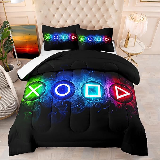 Gamer Comforter Sets for Boys, Video Gaming Comforter Set Full Size, Cool Black Gamer Gamepad Bedding Sets for Boys Kids Playroom Decor, 1 Comforter and 2 Pillowcases