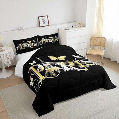 Eiffel Tower Comforter Chic Paris Theme Bedding Set for Kids Boys Girls Butterfly Paris Cityscape Printed Comforter Set Modern French Style Duvet Set Golden Black Bedroom Decor Quilt Set Twin Size
