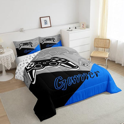 Feelyou Gaming Comforter for Boys Teen Video Game Bedding Set for Kids Gamer Comforter for All Season Gamepad Home Decor for Comforter Set Full Size,1 Comforter with 2 Pillowcases Blue Black Grey