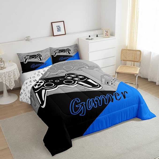 Feelyou Gaming Comforter for Boys Teen Video Game Bedding Set for Kids Gamer Comforter for All Season Gamepad Home Decor for Comforter Set Twin Size,1 Comforter with 1 Pillowcase Blue Black Grey