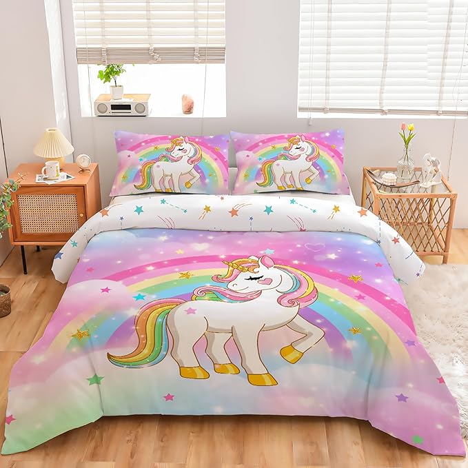 Aimuan Girls Unicorn Comforter Set 3 Pieces Pink Purple Bedding Set with Rainbow Star Galaxy Stars Fantasy Children Room Decor Soft Reversible Bed Sets for Boys/Girls/Teens (Rainbow Twin3Pcs)