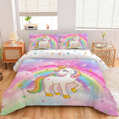 Aimuan Girls Unicorn Comforter Set 3 Pieces Pink Purple Bedding Set with Rainbow Star Galaxy Stars Fantasy Children Room Decor Soft Reversible Bed Sets for Boys/Girls/Teens (Rainbow Twin3Pcs)