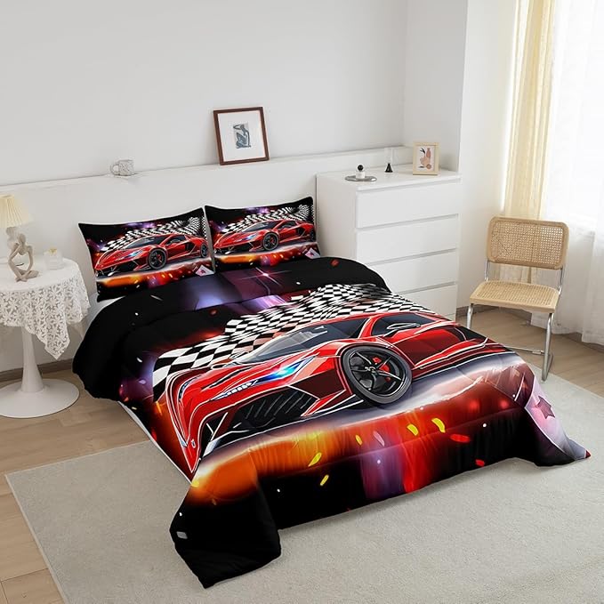 Feelyou Speed Sports Car Comforter Set King Size Extreme Sports Bedding Set for Kids Boys Girls Decor Red Comforter Microfiber Checkerboard Quilt Set Bedroom Bedclothes…