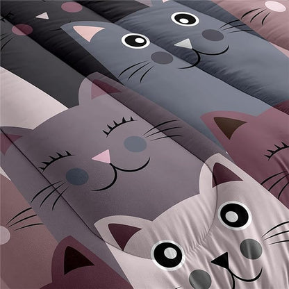 Cartoon Cat Bedding Set - 3Pcs Cute Cat Comforter Set for Bedroom Kids Boys Girls Cat Bedding Decor for All-Season Kawaii Kitten Pattern Lovely Animal 1 Cat Comforter with 2 Pillowcases, Queen Size