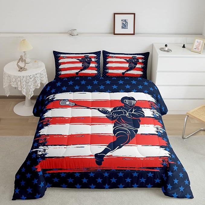 Lacrosse Comforter Set Full Size Boys Gilrs American Flag Sports Theme Bedding Set for Kids Adults Ultra Soft Lacrosse Player Games Comforter Navy Blue Duvet Set Room Decor Quilt Set