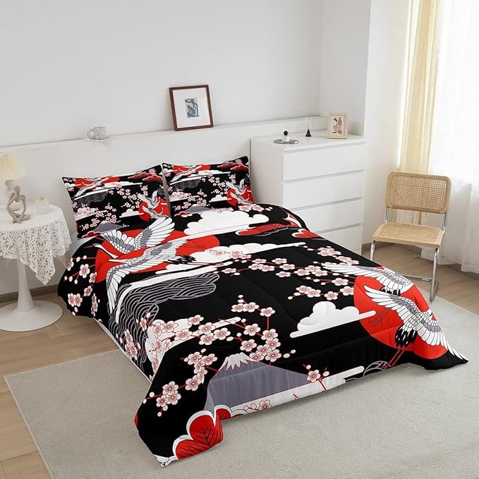 Japanese-Style Comforter Set Twin Size Crane Printed Cherry Blossoms Decor Down Comforter, for Adult Women Girls Teens Japanese Traditional Pattern Quilted Duvet Ukiyoe Theme Bedding Comforters