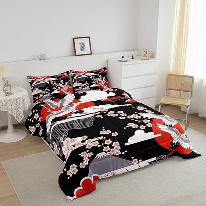 Japanese-Style Comforter Set Twin Size Crane Printed Cherry Blossoms Decor Down Comforter, for Adult Women Girls Teens Japanese Traditional Pattern Quilted Duvet Ukiyoe Theme Bedding Comforters