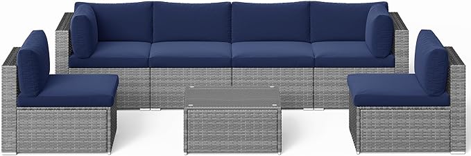 SUNVIVI OUTDOOR 7 Piece Patio Furniture Sets All Weather Grey PE Wicker Couch Sofa with Glass Table, Removable Navy Blue Cushions