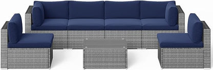 SUNVIVI OUTDOOR 7 Piece Patio Furniture Sets All Weather Grey PE Wicker Couch Sofa with Glass Table, Removable Navy Blue Cushions