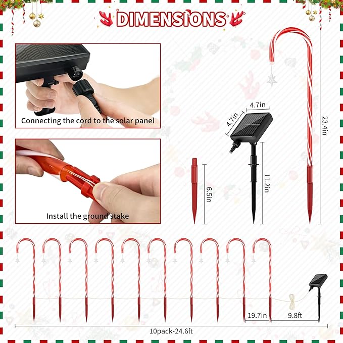 AOSEA Christmas Decorations Outdoor, 80 Red LEDs Solar Christmas Candy Cane Lights, 10 Pack Solar Pathway Lights with 8 Lighting Modes, Waterproof Solar Lights for Yard, Walkway, Lawn, Garden Decor