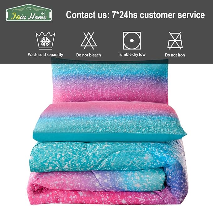 JQinHome Queen 3Pcs Glitter Comforter Sets for Girls, 3D Colorful Duvet Pink Rainbow Themed Bedding, All-Season Reversible Quilted Duvet,for Girls Women- includes 1 Comforter, 2 Pillowcases