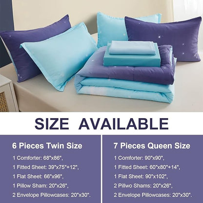Girls Comforter Set Twin XL Size 6 Pieces Colorful Ombre Blue Purple Rainbow Bedding Set Bed in A Bag for Kids Teen Girls (1 Comforter, 1 Flat Sheet, 1 Fitted Sheet, 1 Pillow sham, 2 Pillowcases)