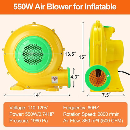 Bounce House Blower, 550W 0.73HP Commercial Air Blower with Double-sided Fan Blade Design, Strong Wind and Great Heat Dissipation Properties for Large and Medium Bouncy Castle, Jump Slides, Arch